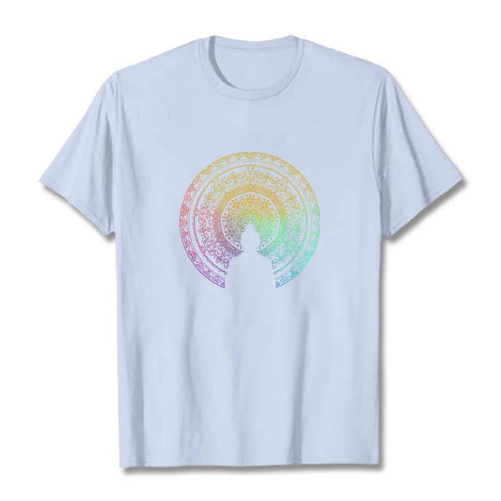 Buddha Stonesのカラフルなグラデーション曼荼羅仏陀コットンTシャツ - ライトシアン - 2XL - image 15