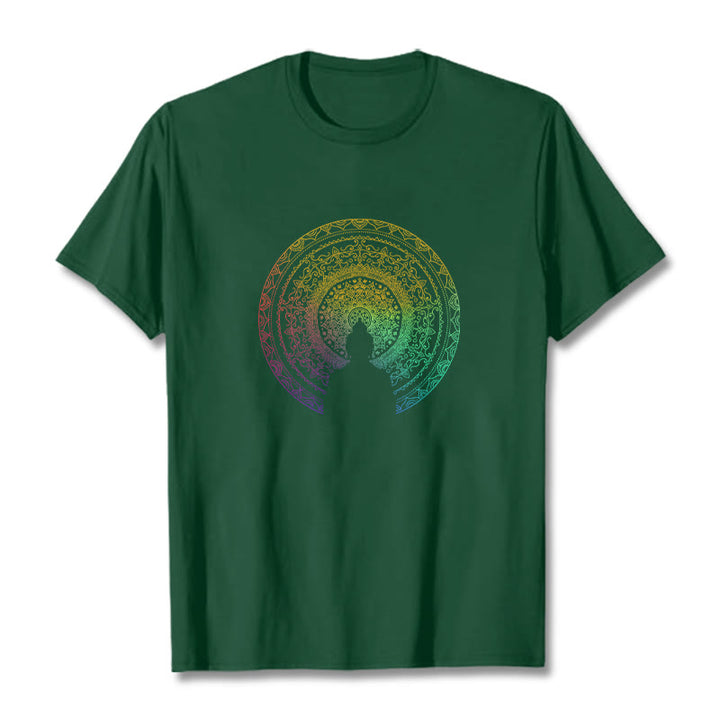 Buddha Stonesのカラフルなグラデーション曼荼羅仏陀コットンTシャツ - フォレストグリーン - 2XL - image 5