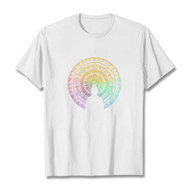 Buddha Stonesのカラフルなグラデーション曼荼羅仏陀コットンTシャツ - 白 - 2XL - image 7