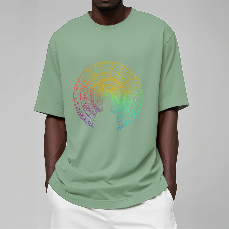 Buddha Stonesのカラフルなグラデーション曼荼羅仏陀コットンTシャツ - image 13