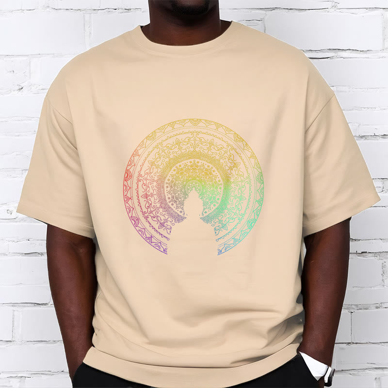 Buddha Stonesのカラフルなグラデーション曼荼羅仏陀コットンTシャツ - image 11
