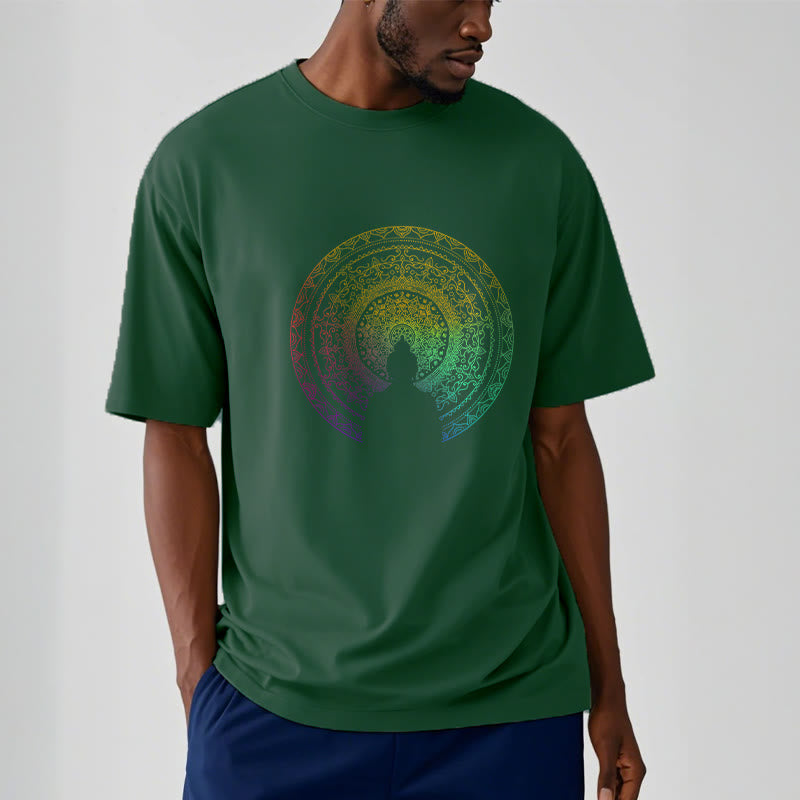 Buddha Stonesのカラフルなグラデーション曼荼羅仏陀コットンTシャツ - image 6