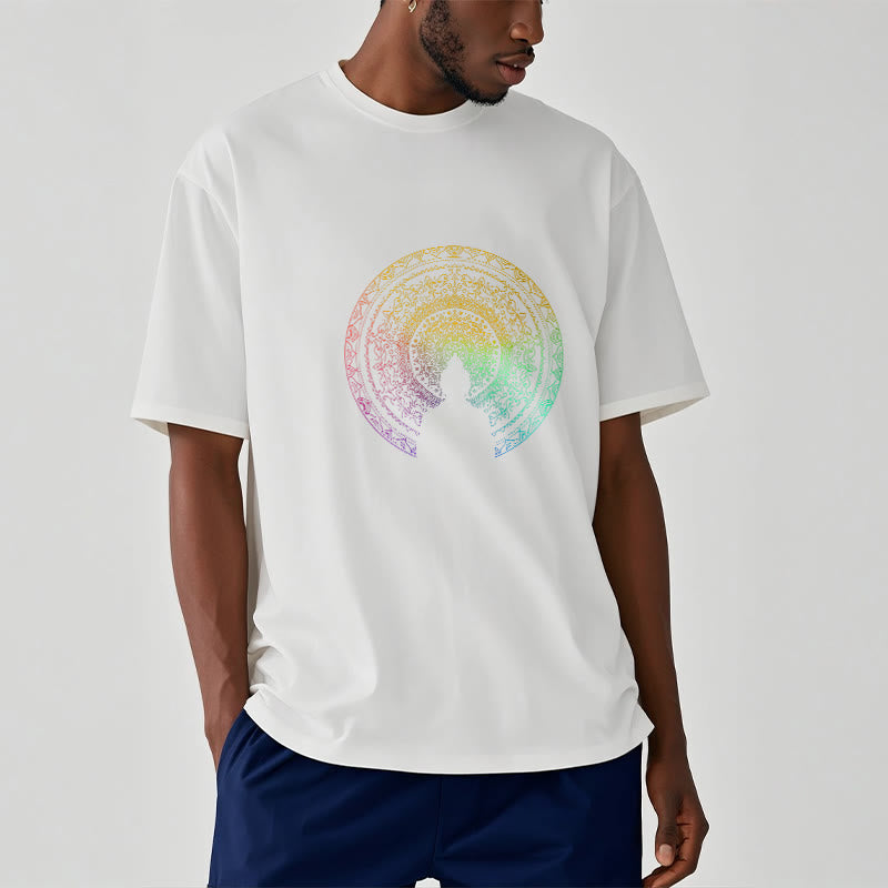 Buddha Stonesのカラフルなグラデーション曼荼羅仏陀コットンTシャツ - image 9