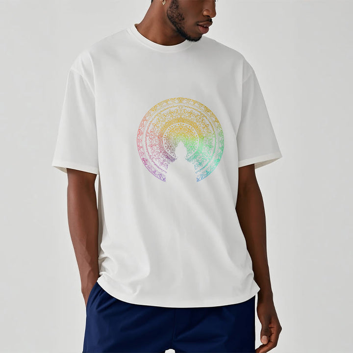 Buddha Stonesのカラフルなグラデーション曼荼羅仏陀コットンTシャツ - image 9