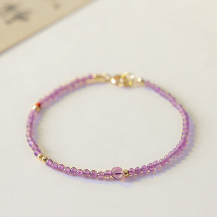 Buddha Stones2mm 極細ビーズ 天然アメジスト 14Kゴールドメッキ銅製 内なる平和瞑想ブレスレット