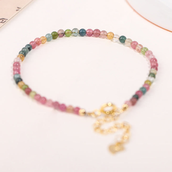 Buddha Stones2mm マルチカラートルマリン 極薄ビーズ 14Kゴールドメッキ銅製 ウィズダムブレスレット