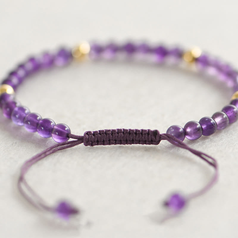 Buddha Stones 4mm ハンドメイド 天然アメジスト 14K ゴールドメッキ 銅ビーズ 編み紐 ストレス解消ブレスレット