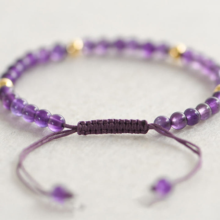 Buddha Stones 4mm ハンドメイド 天然アメジスト 14K ゴールドメッキ 銅ビーズ 編み紐 ストレス解消ブレスレット
