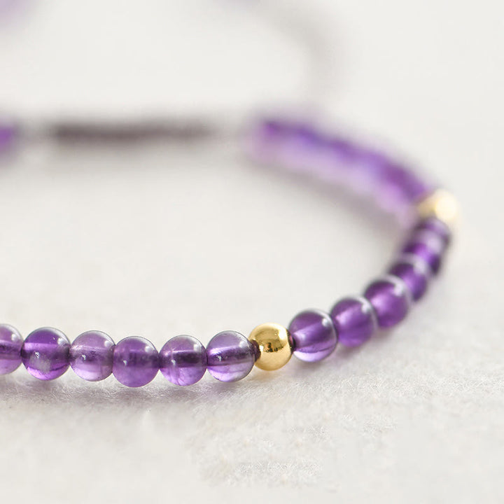 Buddha Stones 4mm ハンドメイド 天然アメジスト 14K ゴールドメッキ 銅ビーズ 編み紐 ストレス解消ブレスレット