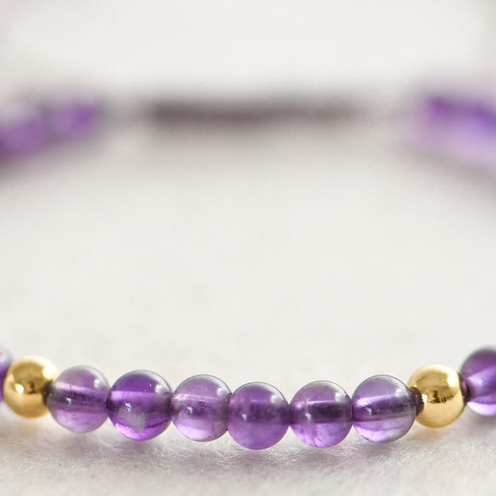 Buddha Stones 4mm ハンドメイド 天然アメジスト 14K ゴールドメッキ 銅ビーズ 編み紐 ストレス解消ブレスレット