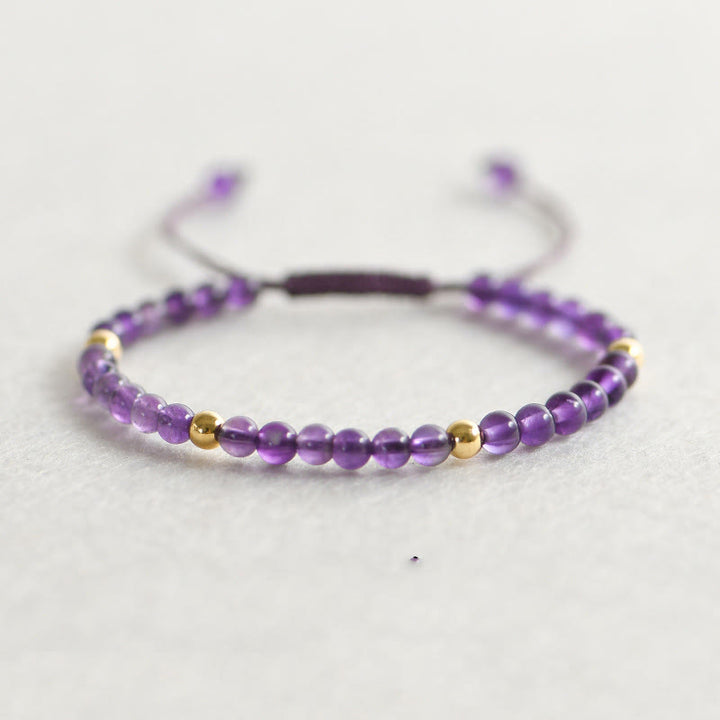 Buddha Stones 4mm ハンドメイド 天然アメジスト 14K ゴールドメッキ 銅ビーズ 編み紐 ストレス解消ブレスレット