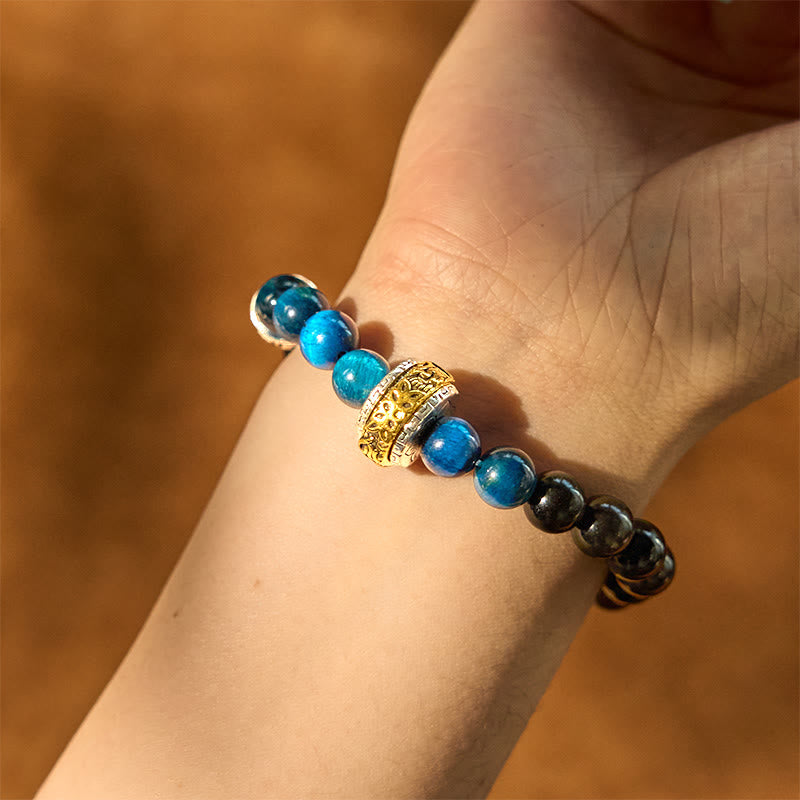 Buddha Stonesシルバーシーンオブシディアン ブルータイガーオーム・マニ・パドメ・フム守護ブレスレット