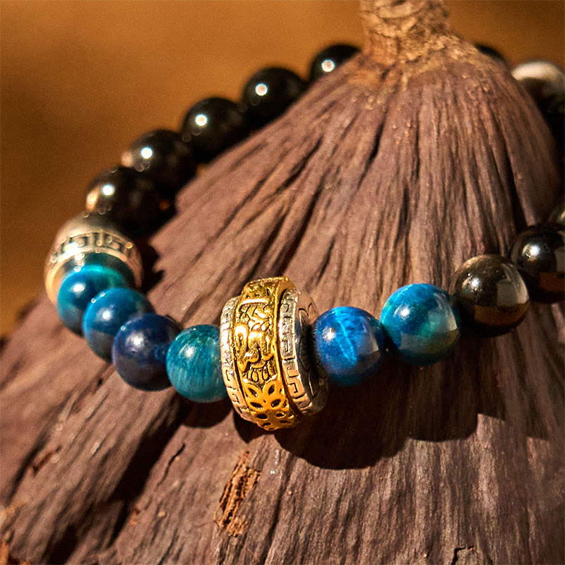 Buddha Stonesシルバーシーンオブシディアン ブルータイガーオーム・マニ・パドメ・フム守護ブレスレット