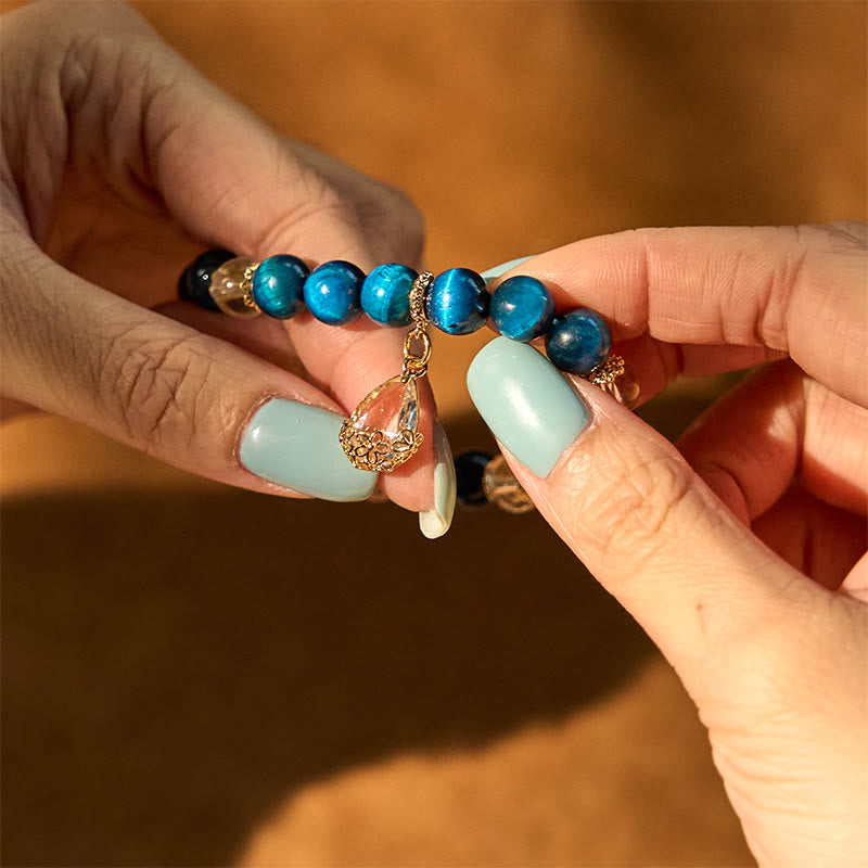 Buddha Stonesブルータイガーアイ ホワイトクリスタル ウォータードロップ 強さブレスレット