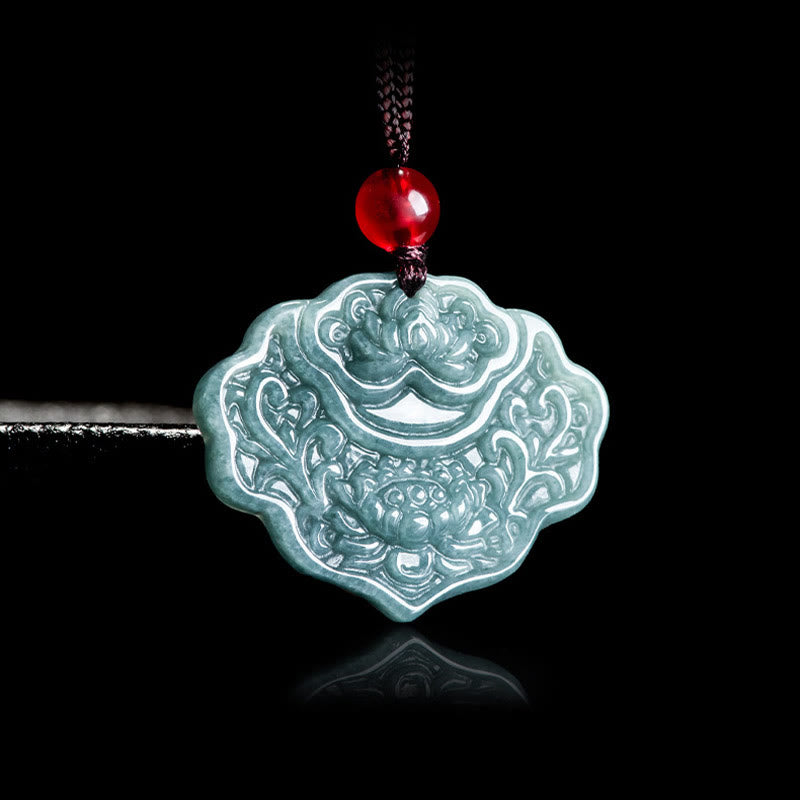Buddha Stones蓮の模様 彫刻 翡翠 豊穣 繁栄 ネックレス ロープペンダント
