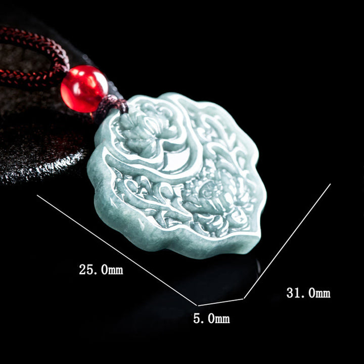 Buddha Stones蓮の模様 彫刻 翡翠 豊穣 繁栄 ネックレス ロープペンダント
