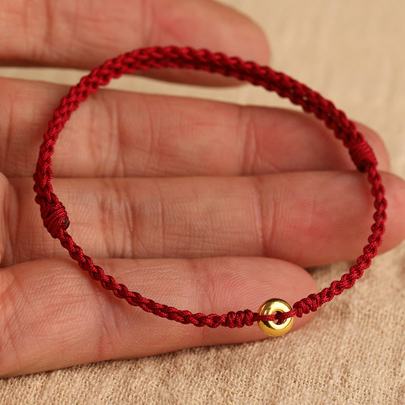 Buddha Stones999ゴールド 小さな平和バックル 赤い紐 守護 幸運 編み込みブレスレット アンクレット