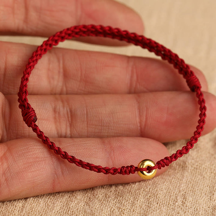 Buddha Stones999ゴールド 小さな平和バックル 赤い紐 守護 幸運 編み込みブレスレット アンクレット