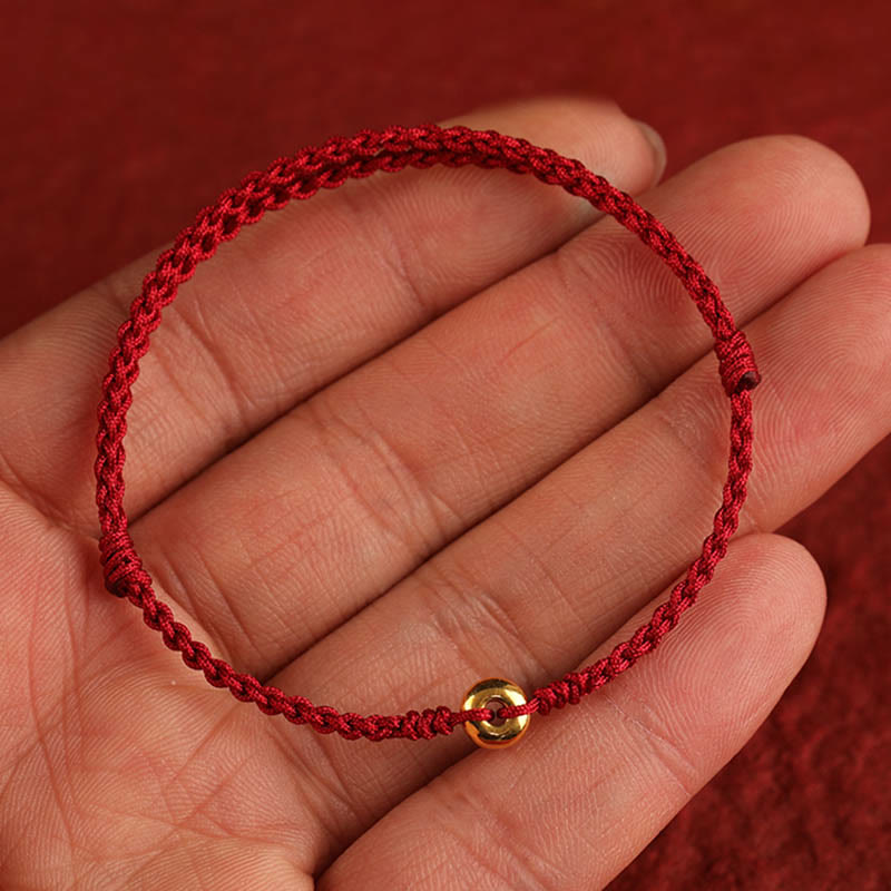 Buddha Stones999ゴールド 小さな平和バックル 赤い紐 守護 幸運 編み込みブレスレット アンクレット