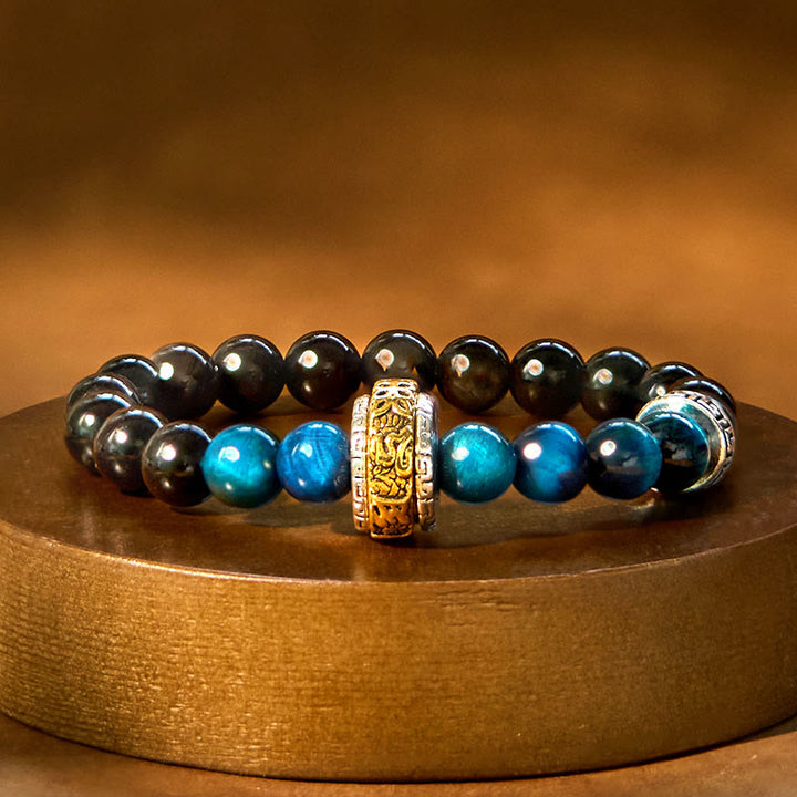 Buddha Stonesシルバーシーンオブシディアン ブルータイガーオーム・マニ・パドメ・フム守護ブレスレット