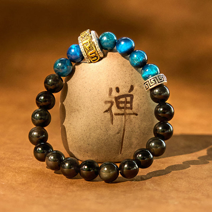 Buddha Stonesシルバーシーンオブシディアン ブルータイガーオーム・マニ・パドメ・フム守護ブレスレット