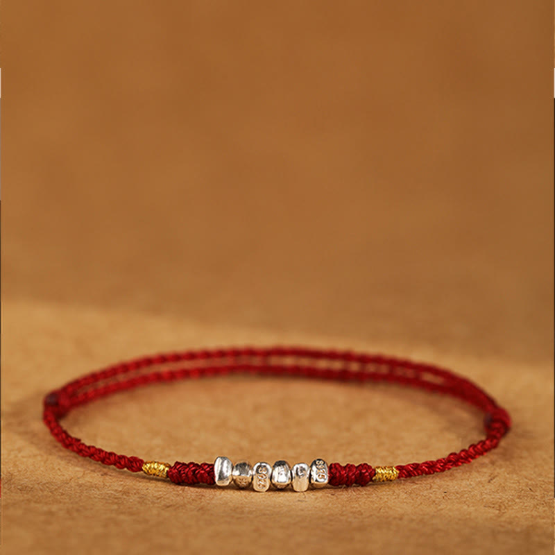 Buddha Stones925スターリングシルバー ストリング プロテクション 幸運 超薄型 編み込みブレスレット アンクレット