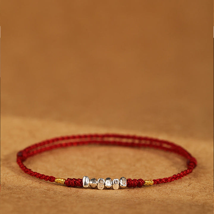 Buddha Stones925スターリングシルバー ストリング プロテクション 幸運 超薄型 編み込みブレスレット アンクレット
