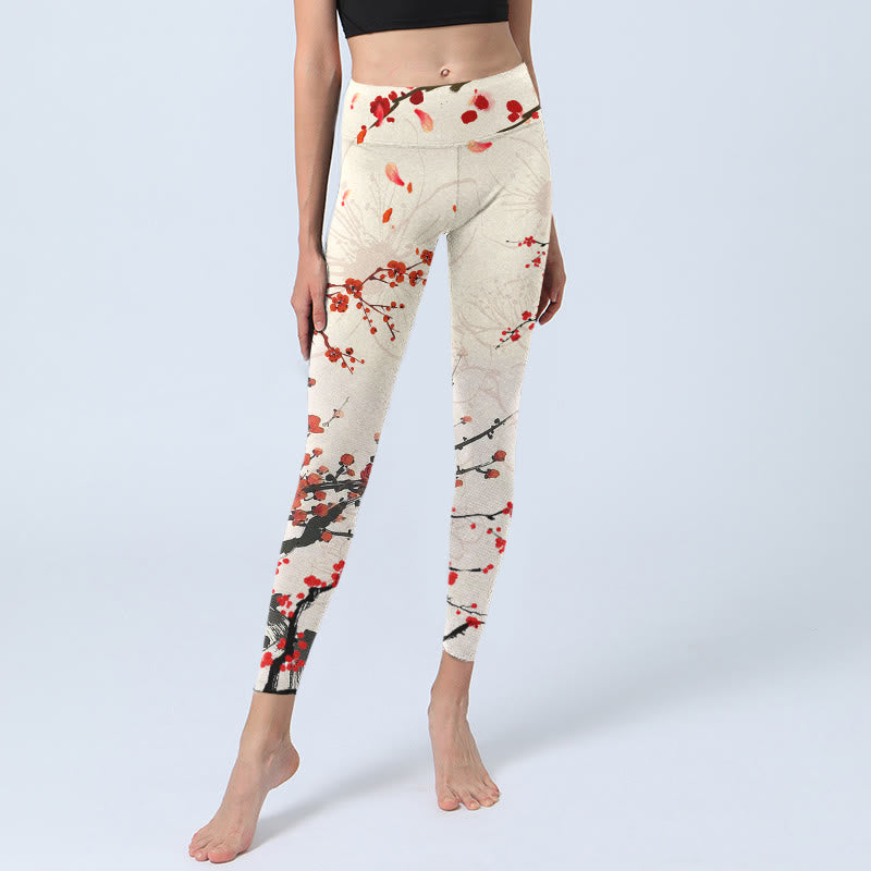 Buddha Stonesと赤い梅の花が咲くプリントのジムレギンス レディース ヨガパンツ - image 6