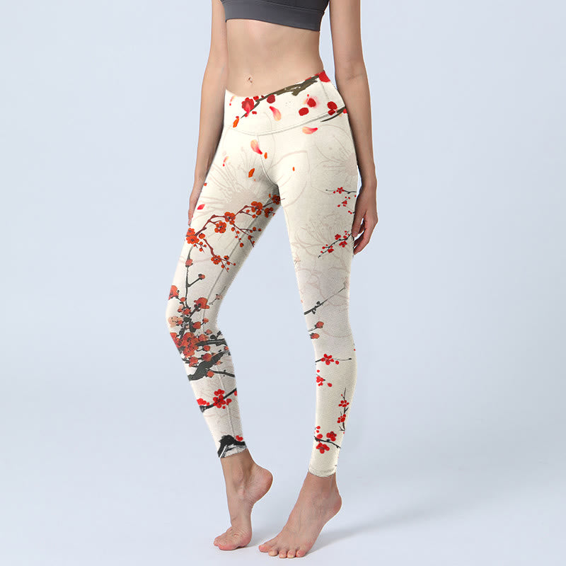 Buddha Stonesと赤い梅の花が咲くプリントのジムレギンス レディース ヨガパンツ - ベージュ - US18、 UK/AU22、 EU50 (4XL) - image 1