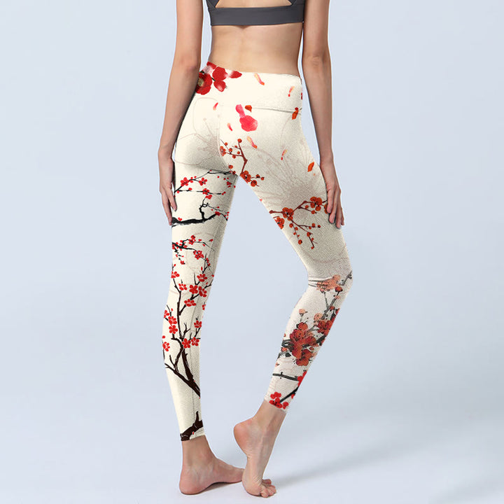 Buddha Stonesと赤い梅の花が咲くプリントのジムレギンス レディース ヨガパンツ - image 5