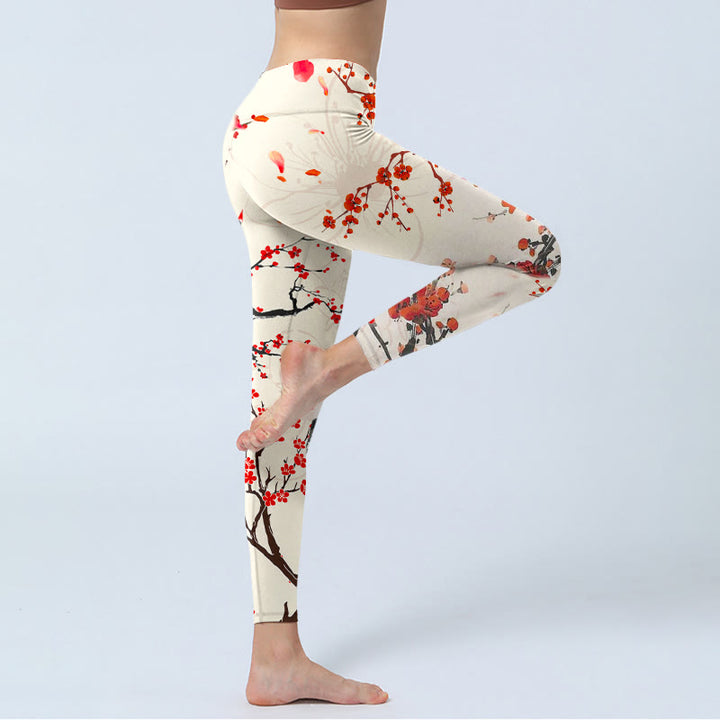 Buddha Stonesと赤い梅の花が咲くプリントのジムレギンス レディース ヨガパンツ - image 4