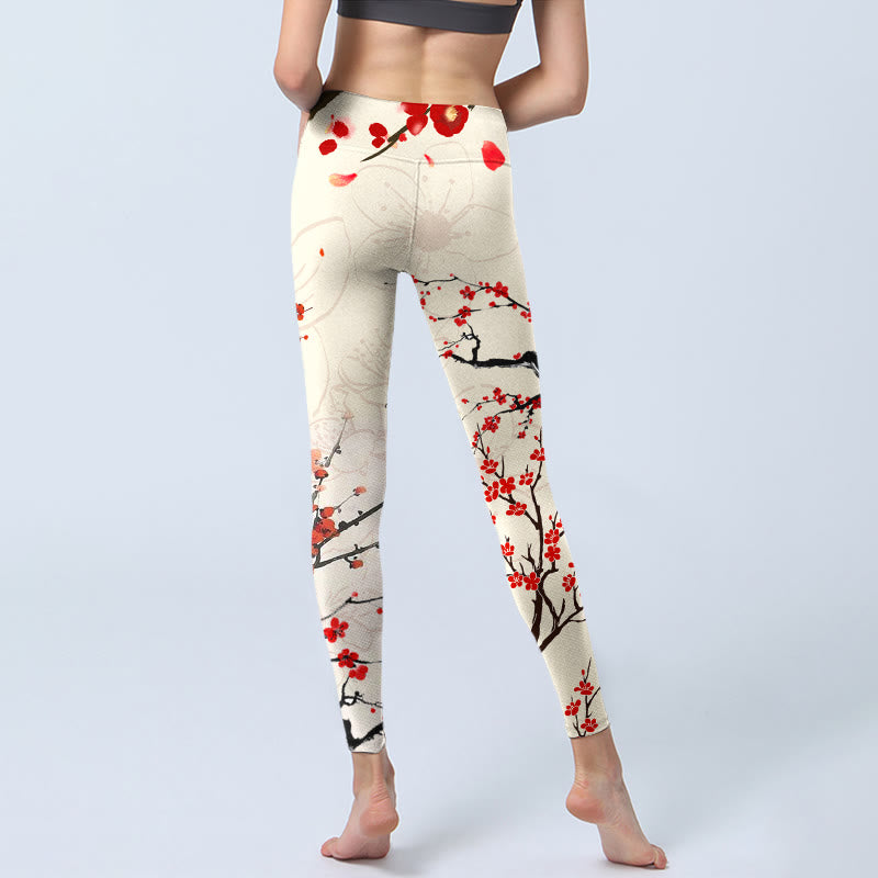 Buddha Stonesと赤い梅の花が咲くプリントのジムレギンス レディース ヨガパンツ - image 7