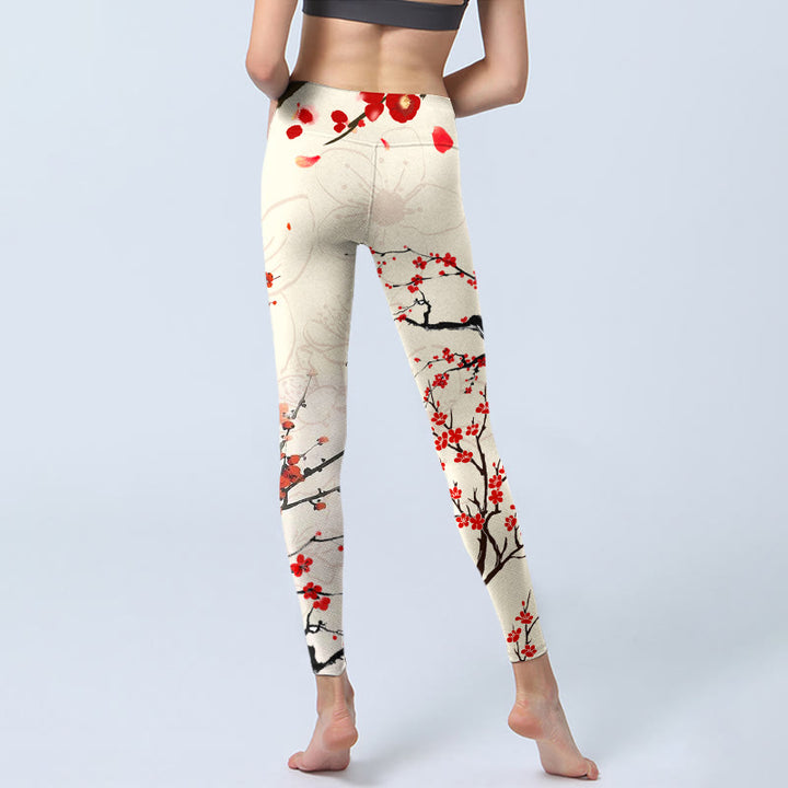 Buddha Stonesと赤い梅の花が咲くプリントのジムレギンス レディース ヨガパンツ - image 7