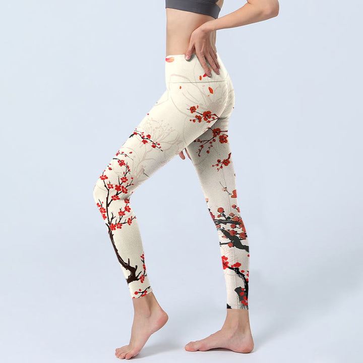 Buddha Stonesと赤い梅の花が咲くプリントのジムレギンス レディース ヨガパンツ - image 3