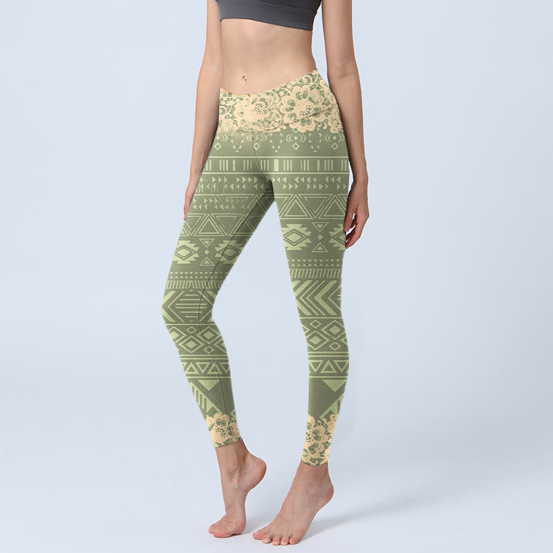 Buddha Stonesと花、幾何学模様のジムレギンス、レディースヨガパンツ - 黄緑 - US18、 UK/AU22、 EU50 (4XL) - image 1
