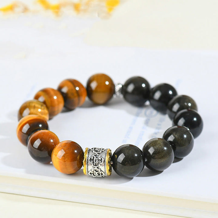 Buddha Stonesタイガーアイ ゴールドシーン オブシディアンOm Mani Padme Humブレスレット