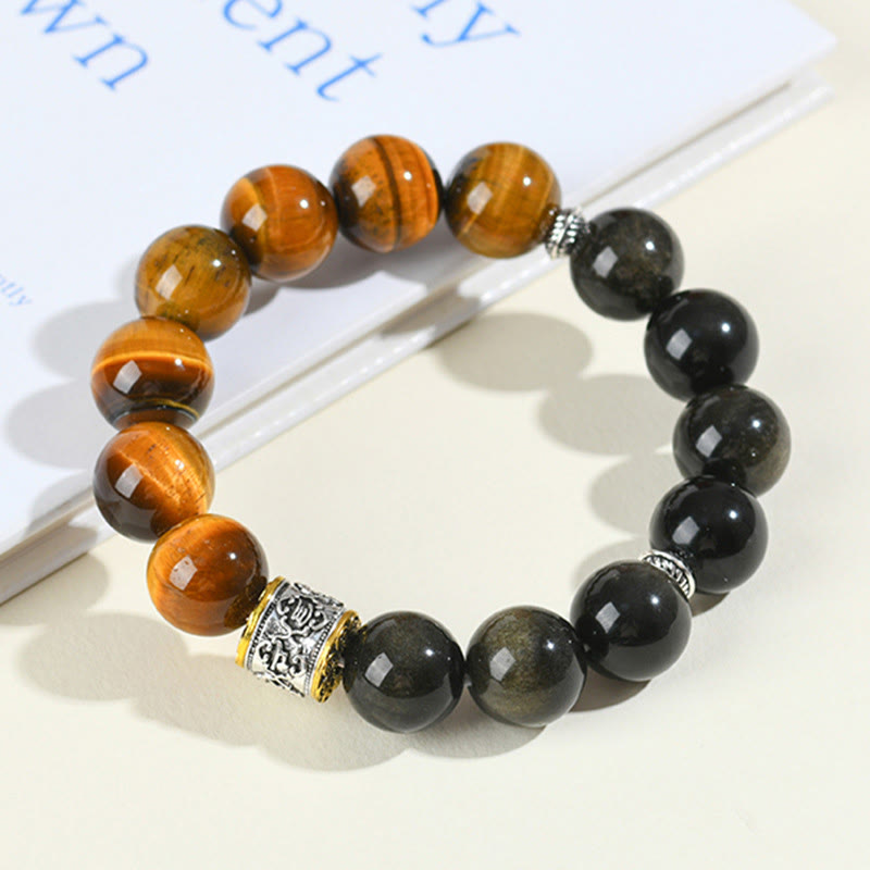 Buddha Stonesタイガーアイ ゴールドシーン オブシディアンOm Mani Padme Humブレスレット