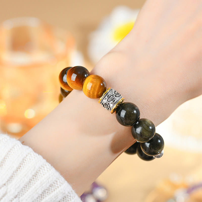 Buddha Stonesタイガーアイ ゴールドシーン オブシディアンOm Mani Padme Humブレスレット