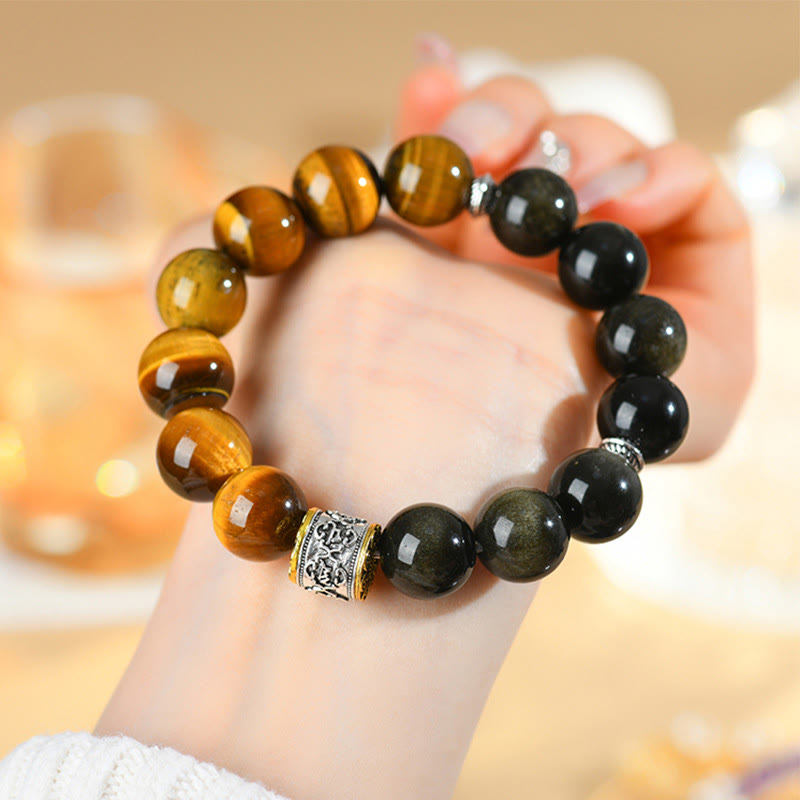 Buddha Stonesタイガーアイ ゴールドシーン オブシディアンOm Mani Padme Humブレスレット