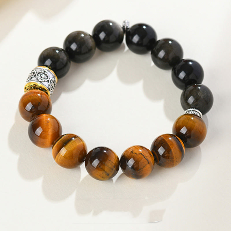 Buddha Stonesタイガーアイ ゴールドシーン オブシディアンOm Mani Padme Humブレスレット
