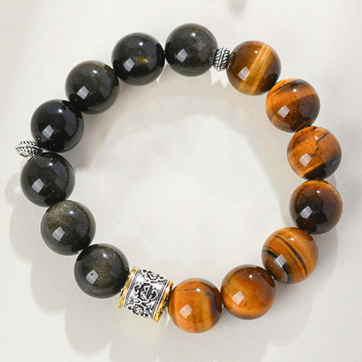 Buddha Stonesタイガーアイ ゴールドシーン オブシディアンOm Mani Padme Humブレスレット