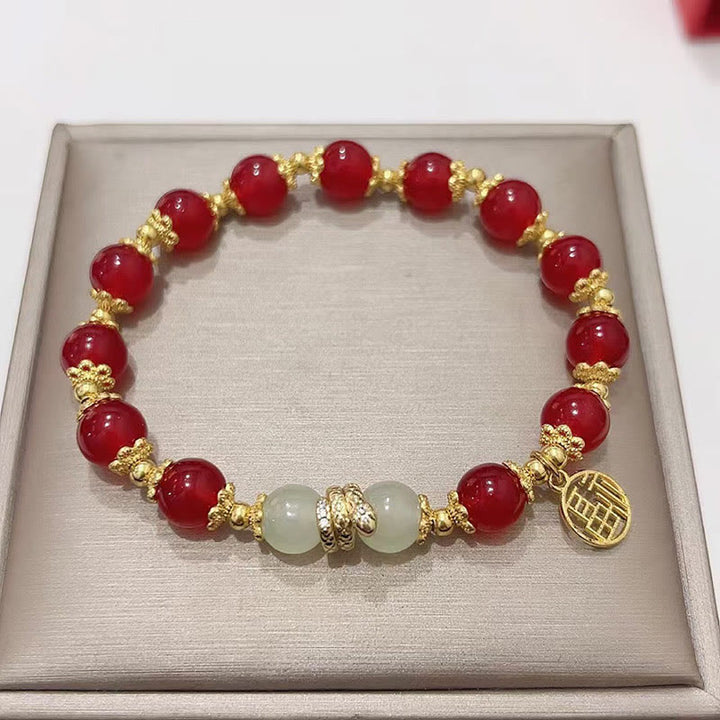 Buddha Stones赤瑪瑙 翡翠 福文字 蛇年 穏やかブレスレット