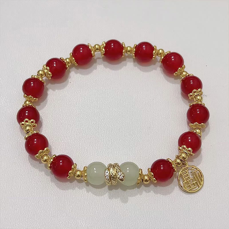 Buddha Stones赤瑪瑙 翡翠 福文字 蛇年 穏やかブレスレット