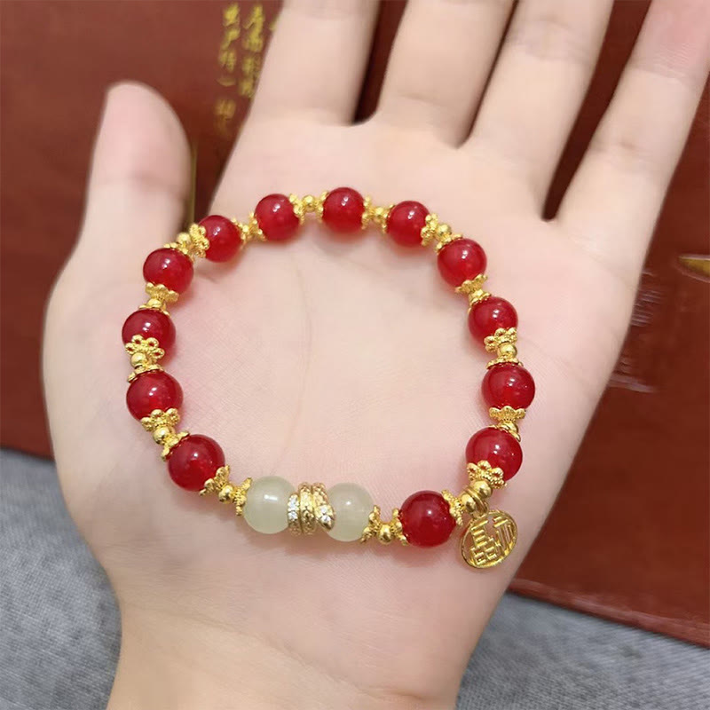 Buddha Stones赤瑪瑙 翡翠 福文字 蛇年 穏やかブレスレット