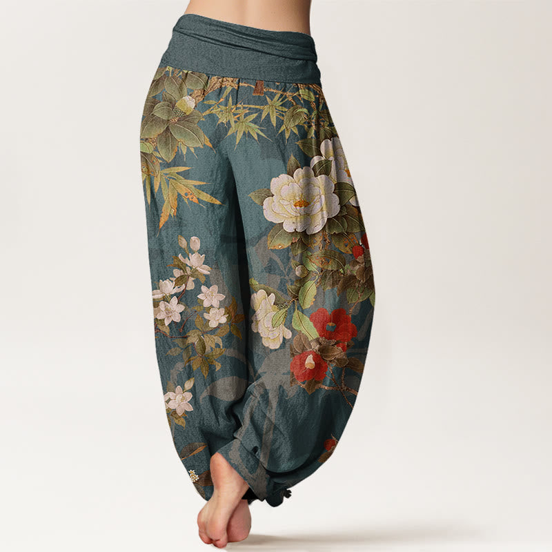 Buddha Stones、カジュアル、牡丹、花、葉、マグパイ、レディース、伸縮性ウエスト、ハーレムパンツ - image 3
