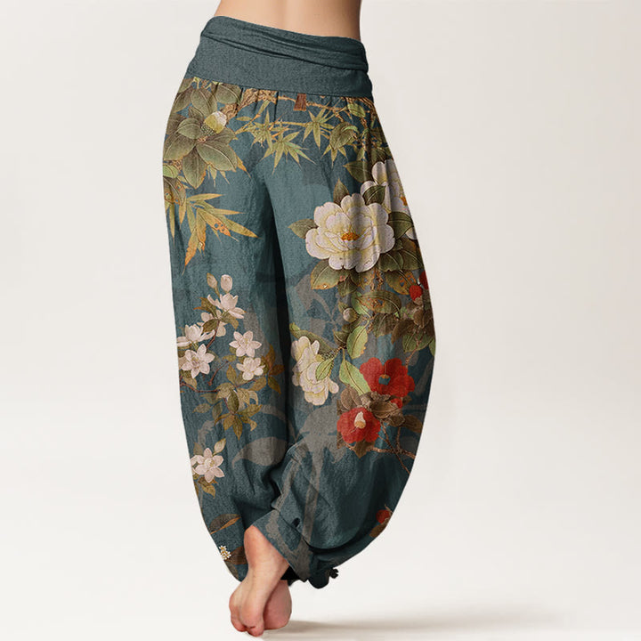 Buddha Stones、カジュアル、牡丹、花、葉、マグパイ、レディース、伸縮性ウエスト、ハーレムパンツ - image 3