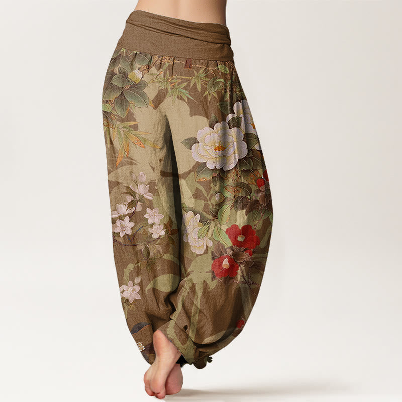 Buddha Stones、カジュアル、牡丹、花、葉、マグパイ、レディース、伸縮性ウエスト、ハーレムパンツ - image 7