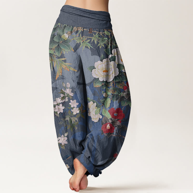 Buddha Stones、カジュアル、牡丹、花、葉、マグパイ、レディース、伸縮性ウエスト、ハーレムパンツ - image 10