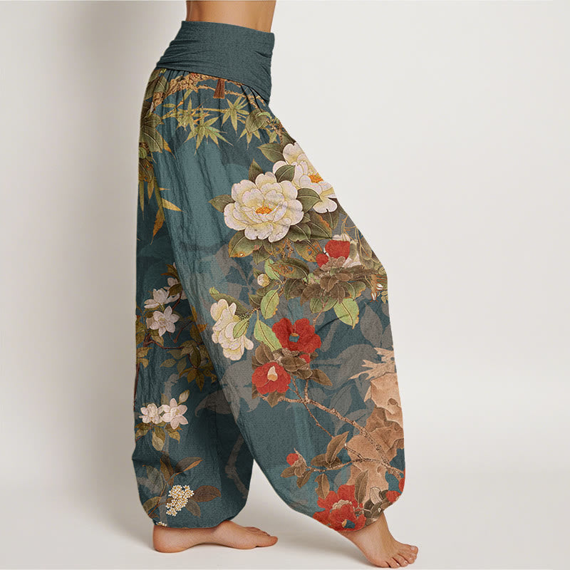 Buddha Stonesコットンカジュアル牡丹花葉マグパイレディース伸縮性ウエストハーレムパンツ - image 1