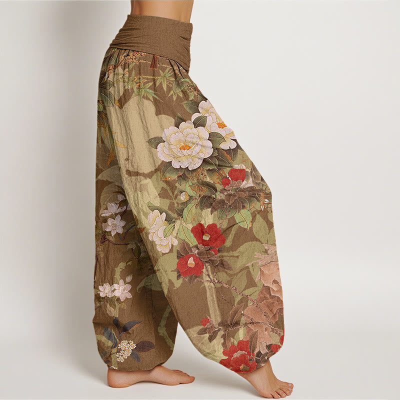 Buddha Stonesコットンカジュアル牡丹花葉マグパイレディース伸縮性ウエストハーレムパンツ - image 5